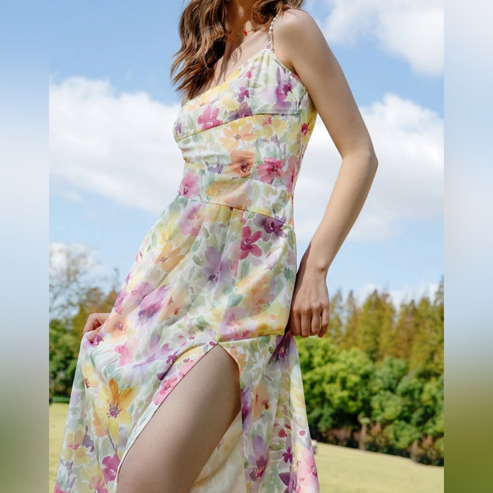 Petite Studio NYC Floral Blooming Petals Capri Pearl Straps Side Slit Midi Dress